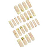Shopmocho 24pcs Fresh Long Coffin Fake Nails Yellow French Style Flower Printed Metal Butterfly Designs Press On Nails Summer False Nail