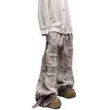 Shopmocho Hip-hop street clothing wasteland style tie-dye ripped jeans men 2025 autumn and winter new American retro baggy wide-leg pants