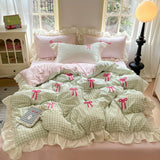 Shopmocho Korean Style Bedding Sets 2025 Pink Grid Bow Quilt Cover Romantic Bed Sheet Sets Woman Girls Bedroom Duvet Cover 4pcs