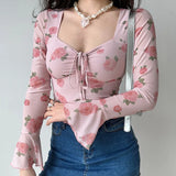 Shopmocho Women Floral Printed Sweet Holiday T-shirts Flare Sleeve Lace Up Chiffon Office Blouse Mesh Beach Tees Top Spring Summer