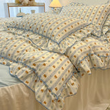 SHOPMOCHO 2/3Pc Korean Princess Style Floral Ruffles Bedding Set Single Queen Size Soft Skin-friendly Washed Cotton Duvet Cover Pillowcase