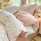 Shopmocho Fashion Floral Duvet Cover Set with Flat Sheet Pillowcase No Filler Girls Twin Full Queen Size Korean Soft Bedding Set