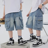 SHOPMOCHO Boys' Workwear Denim Shorts Summer 2026 New Teenage Children's Pocket Design Outdoor Wear Loose Jeans Big Kids Mid-Pants