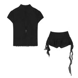 SHOPMOCHO Y2k American Sexy Hot Girls Two-Piece Suit Women Hollow Lace Mesh Shirt Irregular Mini Shirt Retro Fashion Causal Skirt Suits