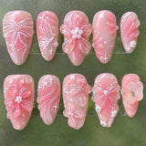 Shopmocho 24pcs Sweet False Nail Patches Detachable Fake Nail Tips With Bowknots Love Heart Pearl Design Pink Almond Korean Press On Nail