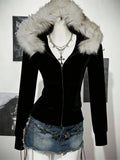 SHOPMOCHOY2K Harajuku Gothic Women's Hoodie Sexy Slim Chic Suede Fur Collar Letter Print Cardigan Sweatshirt  Female Streetwear