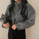 Shopmocho Autumn Winter Loose Woolen Coat Women Large Size with Pockets Small Stand Collar Long Sleeve Button Hong Style Women's Clothing