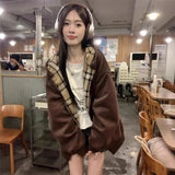 Shopmocho Retro American Plaid Splicing Hoodie Women's Spring Autumn New Oversize Loose Lazy Style Open Cardigan Coat Polyester Fiber