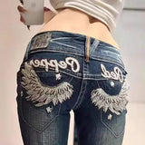 SHOPMOCHO Y2K  American Embroidery Diamond Fashion Retro Punk Low Waist Casual Jeans Blue Jeans Wings Pattern High Street Slim Leg Pants