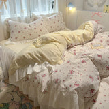 Shopmocho 1.5/1.8 Korean Style 100% Cotton Fitted Sheet Sets with Lace Flower Print Bedding Set for Seasons Home Bedclothes for Adult Kids