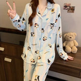 SHOPMOCHO Cartoon Cute Penguins Print Women's Pajamas Fashion Blue White Striped Milk Silk Homewear 2025 Spring Fall New Casual Sleepwear