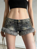 SHOPMOCHOY2k Spice Girl Washed Retro Fluff Splicing Rivet Denim Shorts Women's Low Waist Wide Leg Hot Pants