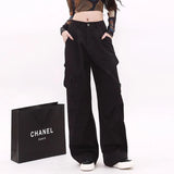 SHOPMOCHO High Street Female Straight Leg Trousers Girls Chic Retro High Waist Slacks Lady Fashion Comfortable Baggy Cargo Pants