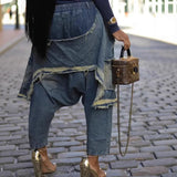 Shopmocho Women Jeans Harem Pants Hip Hop Punk Denim Pant Hole Elastic Waist Washed Distressed Pockets Streetwear 2025 Ripped Trousers