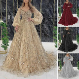 Shopmocho BWQ Vinatge Evening Party Long Dresses Sequin Women A-line Princess Dress Lantern Sleeve Spring Summer Robe Prom Halloween