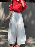 SHOPMOCHO Summer Women's Bloomers Korean Lace Thin Drawstring Splicing Wide-leg Pants Casual Loose Solid Ankle Length Baggy Pants Women