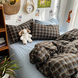 SHOPMOCHO Bedding Set Ins Ambiance Blue Coffee Grid Mixed With Washed Cotton Minimalist Four Piece Set Fitted Sheets Duvet Cover