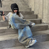 SHOPMOCHOAmerican Tween Girl High Fashion Distressed Wide Leg Banana Jeans for Child Luxury Denim Pants Kids Dirty Washed Jeans Trousers