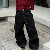 SHOPMOCHO Korean High Street Buckle Curved Jeans Autumn Men'S Loose Straight Leg Pants Black Wide Leg Pants Casual Pants Hip-Hop Pants