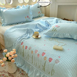 Shopmocho Quilt Bedding Set,white Lightweight Soft Bedspread, embroidery tulip Coverlet Set for All Seasons,3 Piece(1 Quilt,2 Pillow Shams