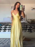 SHOPMOCHO-Yellow Elegant Stain Women's Sling Dress Sexy Backless Sleeveless V Neck High Waist Evening Gown Summer Chic Lady Partywear 2025