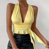 Shopmocho Women's Sexy Tight Fitting Deep V-neck Pleated Top Tight Fitting 2025 Spring Beach Resort Nightclub New Model Women's Sexy Tigh