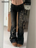 SHOPMOCHO Weekeep Floral Embroidery Jeans Vintage 2000s Low Rise Flared Jeans Women Retro y2k Baggy Denim Pants High Street Basic Trousers