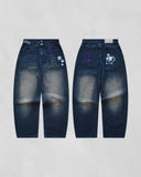 SHOPMOCHO Japanese Anime JOJU FMA High Waist Baggy Men Jeans Alphonse Elric Embroidery Anchor Patch Distressed Wash Wide Leg Denim Pants