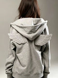 SHOPMOCHO Women Fashion Grey Angel Wing Embroidered Hoodie Zipper Kawaii Pullover Sweatshirt Wing Y2K Streetwear Goth 2000s Alt Clothes