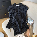 Shopmocho Retro Thin Shirt New Chinese Style Cheongsam Top Black Jacquard Short Sleeve T-shirt Summer Mature Fashion Women's Clothing