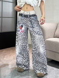 SHOPMOCHO 1PC Vintage Leopard Print High-Waist Loose Women's Jeans, Fashionable Design, Street Style Casual Versatile Wide-Leg Pants