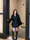 SHOPMOCHO American Fashionable V-neck Lapel Furry Sleeves Lace-up Long-sleeved Woolen Coat Elegant Lace-up Long-sleeved Wool Coat