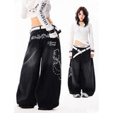 SHOPMOCHO YIBASHU Women Vintage Embroidery Y2K Baggy Jeans Female High Waist 2000s Wide Leg Denim Pants American Retro Harajuku Trouser
