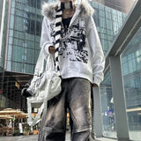 SHOPMOCHO Korean Fashion Sweatshirts Harajuku Gothic Printed Coats Jackets Subculture Vintage Faux Fur Hooded Women Casual Y2k Clothing