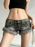 SHOPMOCHOY2k Spice Girl Washed Retro Fluff Splicing Rivet Denim Shorts Women's Low Waist Wide Leg Hot Pants