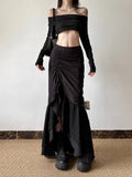 SHOPMOCHO Y2k Spicy Girl Skirts Solid Color Lace Patchwork Draw String Irregular Long Skirt Harajuku Design Streetwear Women's Clothing