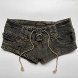 SHOPMOCHO Y2K Retro Yellow Blue Washed Distressed Mini Shorts Women Harajuku Punk Drawstring Denim Shorts Gothic Sexy Low Waisted Shorts