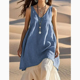 Shopmocho V-Neck Sleeveless Cotton Linen Beach Dress Women's Loose Waist Midi Dress Comfortable Breathable Summer Fashion Dress