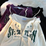 Shopmocho American Style Winter Flocking Letter Embroidery Cardigan Hooded Sweater Men Women Plus Fleece Loose Trendy Couple Jacket