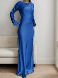 Shopmocho Women's Bespoke Satin Maxi Dress with Corset Waist Tie Classic Round Neck & Dramatic Flared Sleeves Luxury Evening Dress