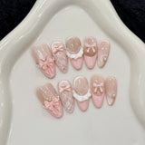 Shopmocho 10pcs Handmade Press on Nails French Cat Eye Pink Bow Decor Korean False Nails Wearable Full Cover Ins Almond False Nail Tips