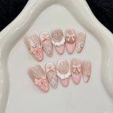 Shopmocho 10pcs Handmade Press on Nails French Cat Eye Pink Bow Decor Korean False Nails Wearable Full Cover Ins Almond False Nail Tips