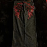 Shopmocho High Street Gothic Embroidered Men Black Red Pattern Y2K High Waist Jeans American Retro Street Couple Casual Pants