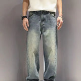 SHOPMOCHO American High Street Fashion Brand Loose Straight Leg Denim Pants for Men, with Patchwork Design and Wide Leg Curved Knife Pants
