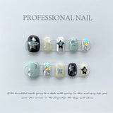 SHOPMOCHO 10Pcs Cute Handmade Press on Nails Short Korean Fake Nails with 3D Star Moon Nail Art Rhinestone Heart Artifical False Nails Art