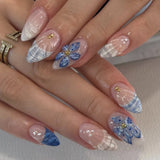 Shopmocho Blue White French 3D Flower Shell Nail Art Summer Beach Fashion Almond False Nails Detachable Finished Fake Nails Press on Nails
