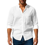 Shopmocho Chemise en coton et lin pour hommes, col Henley, couleur unie, légère, respirante, coupe cintrée, simple boutonnage, manches longues, boutonnée