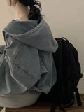 SHOPMOCHO Women's Short Denim Jacket Loose Long Sleeved Casual Fashion Fall  Retro Zipper Design Hoodie Outerwear Versatile Outwear