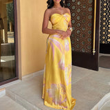 Shopmocho Yellow Printed Halter Satin Women's Dress New Summer Hollow Off Shoulder Bohemian Dress Sexy Sleeveless Slim Party Long Dresses