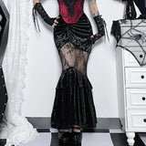 Shopmocho Goth Dark Ruched Vintage Gothic Aesthetic Velvet Skirts Grunge Mesh Splice Sexy Mermaid Skirt Women High Waist Elegant Partywear